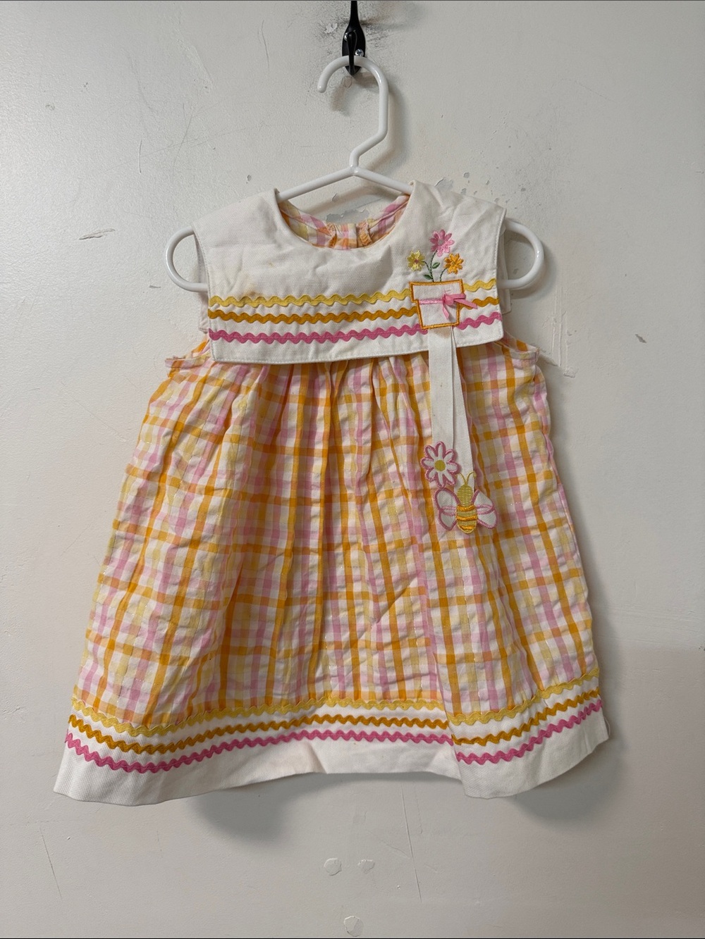 Youngland Yellow and Pink Plaid Sundress with Floral Applique